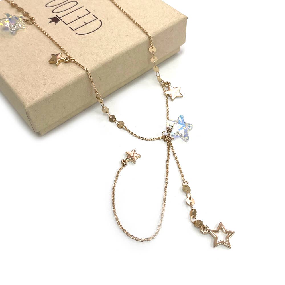 GOLD CLEAR AB Y Shape Long Length with Star Multi Charms Chain Necklace for wholesale on Faire1