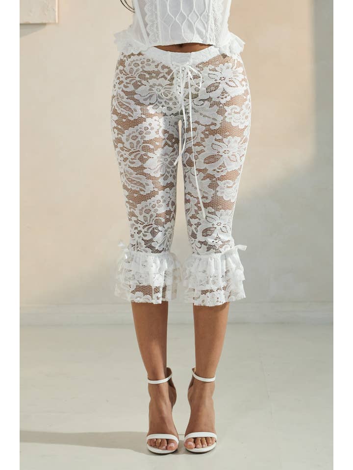 5besties inc - Wholesale Pants - Women's - FLORAL LACE RUFFLE HEM CAPRI PANTS