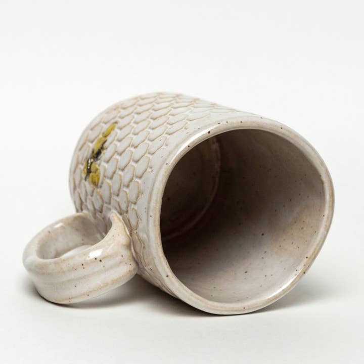 White Squirrel Clayworks - Wholesale Coffee mug - Bee Pattern Handmade Ceramic White 14oz Mug2