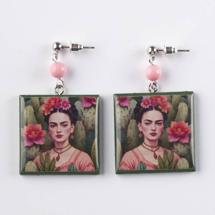 Wood and resin earrings - Green and pink Frida Kahlo for wholesale by 4everyday Handmade
