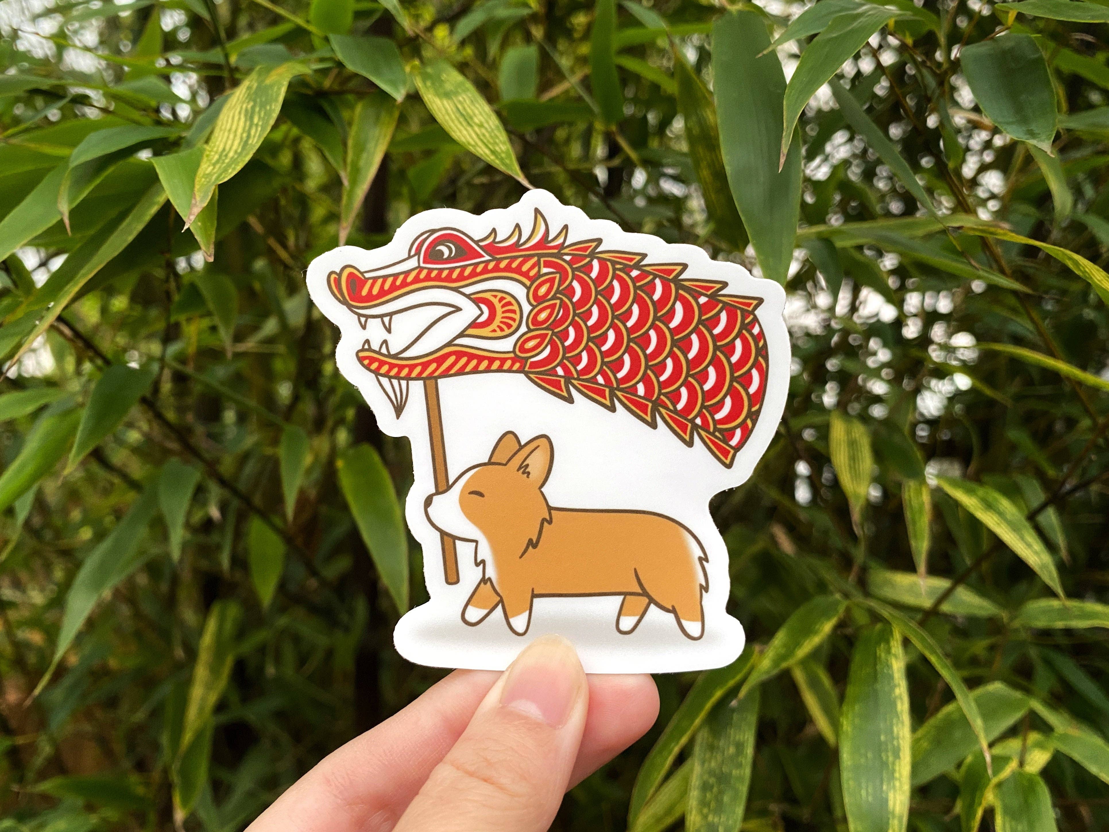 Kela Designs - Wholesale Sticker - Dragon Corgi vinylsticker voor het nieuwe jaar op de maan1