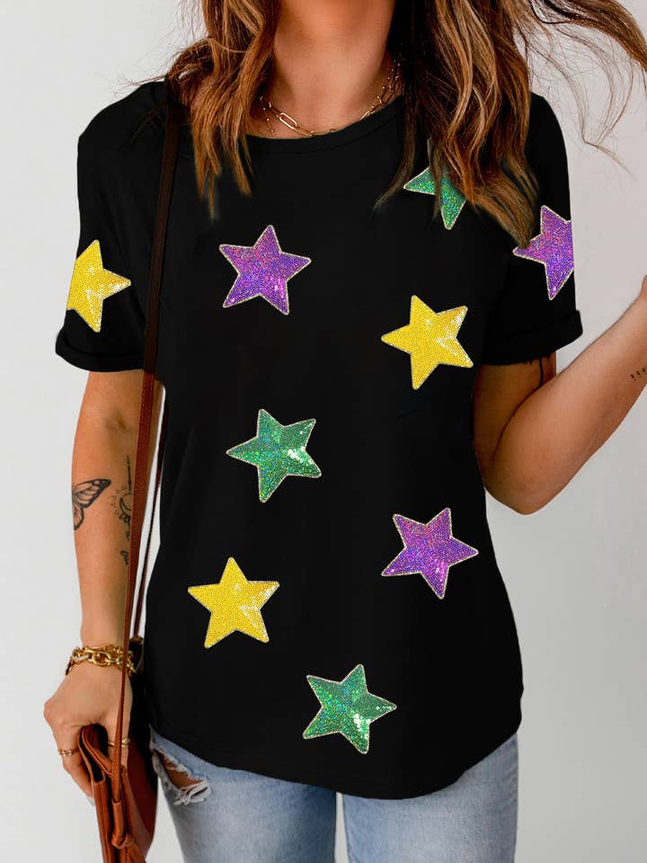 LDC Colorful Sequin Stars Patched Relaxed T Shirt for wholesale by Little Daisy Closet