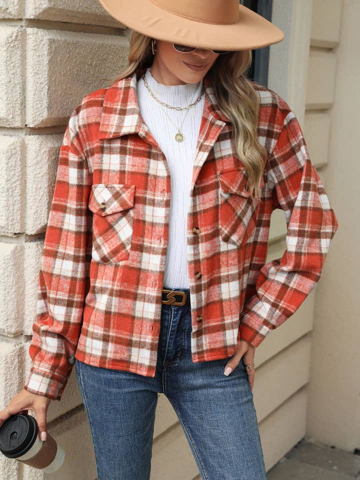 Lily Clothing - Wholesale Shirt Jacket/Shacket - Women's - LONG-SLEEVED PLAID WOOL JACKET WITH BAGGY POCKETS12