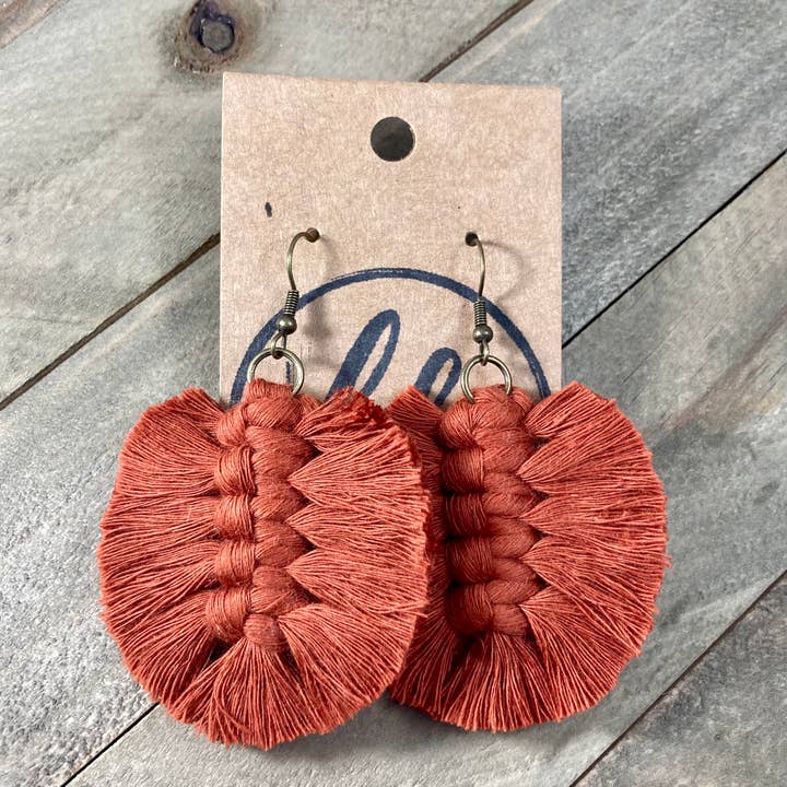 HK Macrame Jewelry - Wholesale Dangle Earrings - Macrame Feather Fringe Earrings - Cider Orange