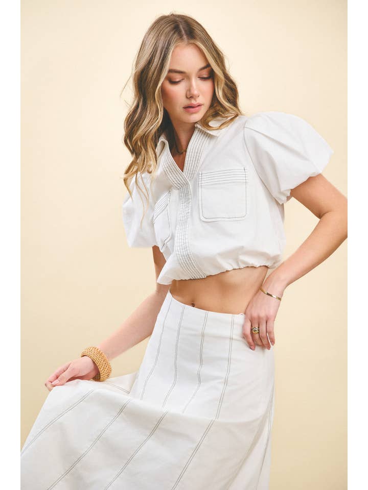White CT9355-Bubble Sleeves Contrast topstitching Detail Top for wholesale on Faire