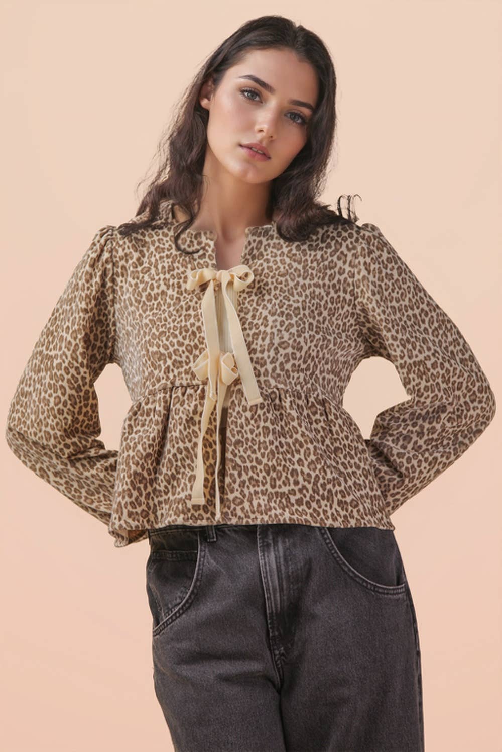 VERY J - Wholesale Blouse - Women's - NT12244-Leopard Printed Front Tie Woven Blouse Top1
