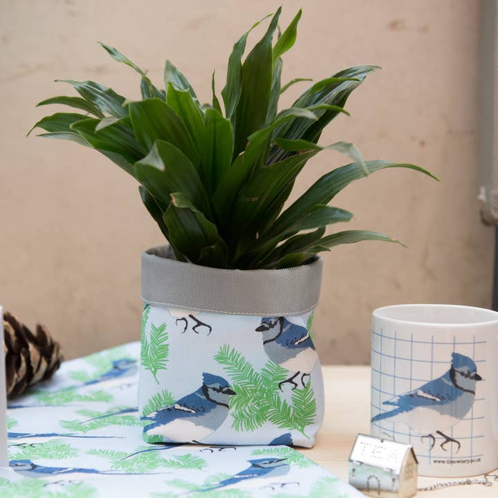 Blue Jay Print Textile Plant Pot for wholesale by The Owlery