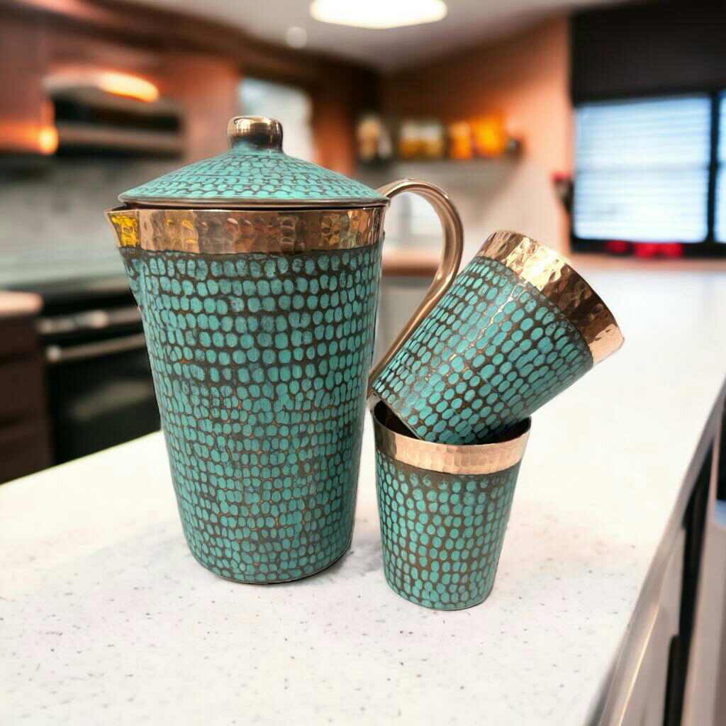 Ambiente Home Décor - Wholesale Pitcher - Set of 1 Hammered & Turquoise Copper Pitcher and 2 Tumblers1