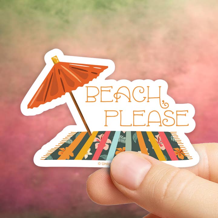 Strand, venligst klistermærke | Die-Cut, vandtæt, lamineret vinyl for engroshandel hos Uniquely Inviting