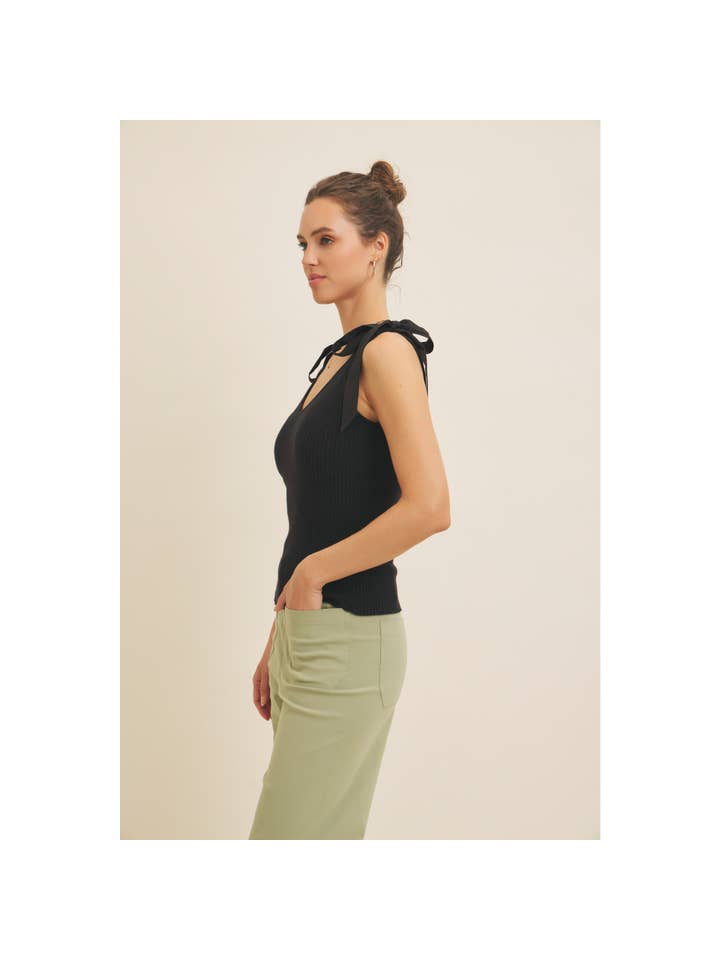in february - Wholesale Knit Sweater - Women's - MIXED MEDIA SHOULDER TIE STRETCHY RIB SWEATER TOP