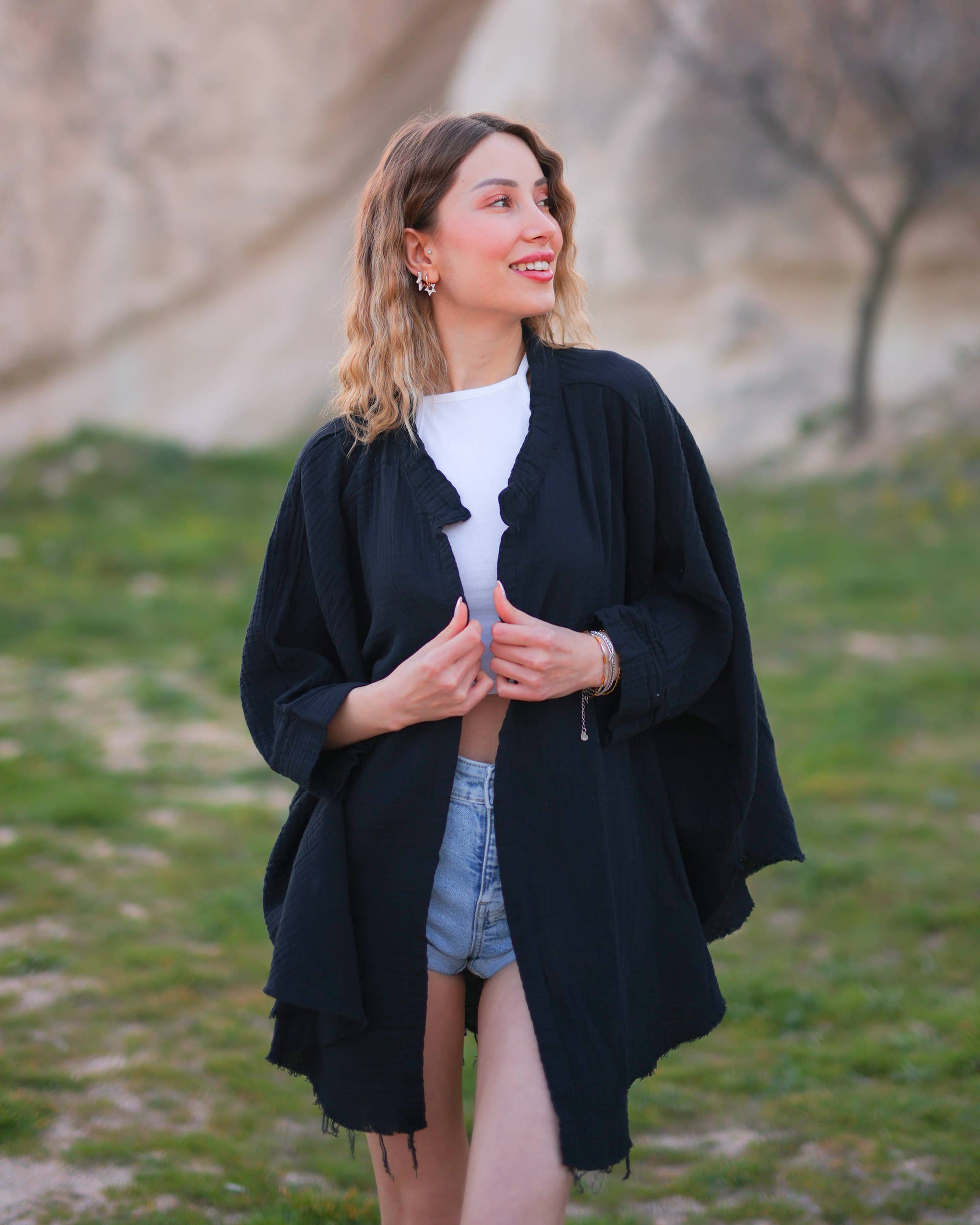 Moa - Venta al por mayor Bata - Mujer - Bata kimono de muselina doble capa con mano de Hamsa1