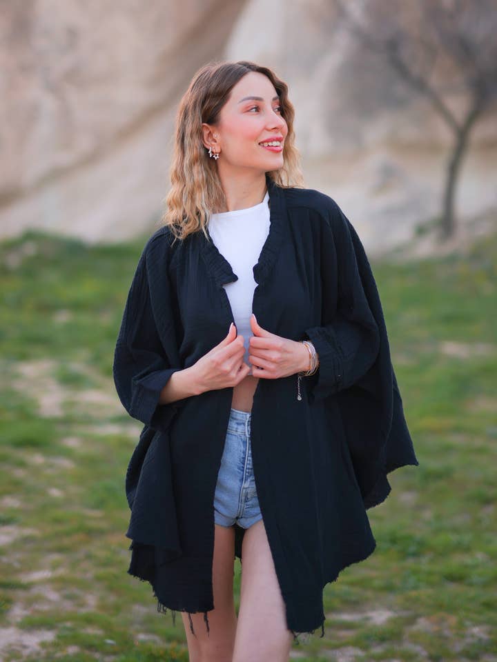 Moa - Venta al por mayor Bata - Mujer - Bata kimono de muselina doble capa con mano de Hamsa1