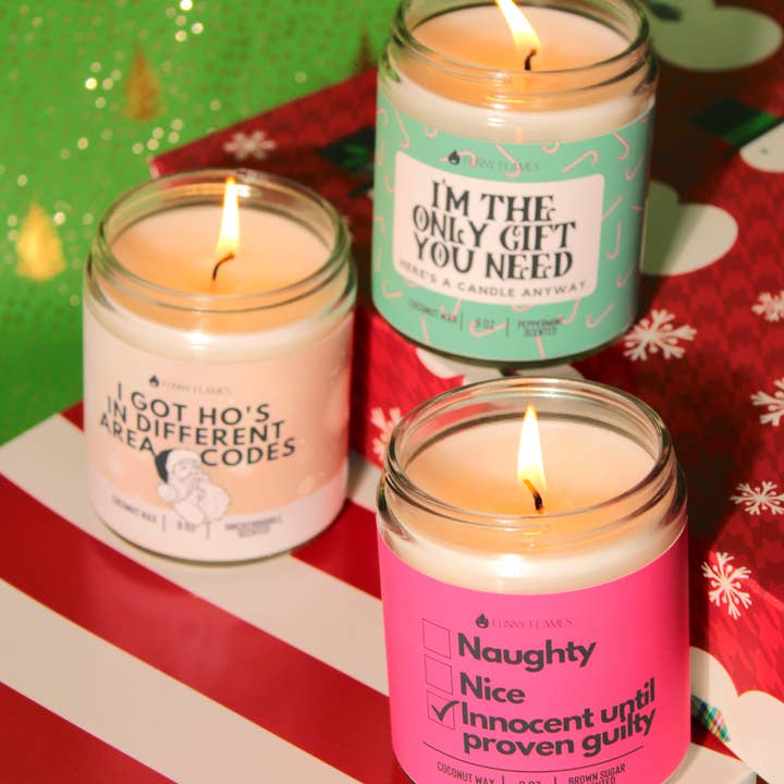 Funny Flames Candle Co - Les Creme - Wholesale Jar/Filled Candle - Naughty, Nice, Innocent Until Proven Guilty -Funny Christmas4