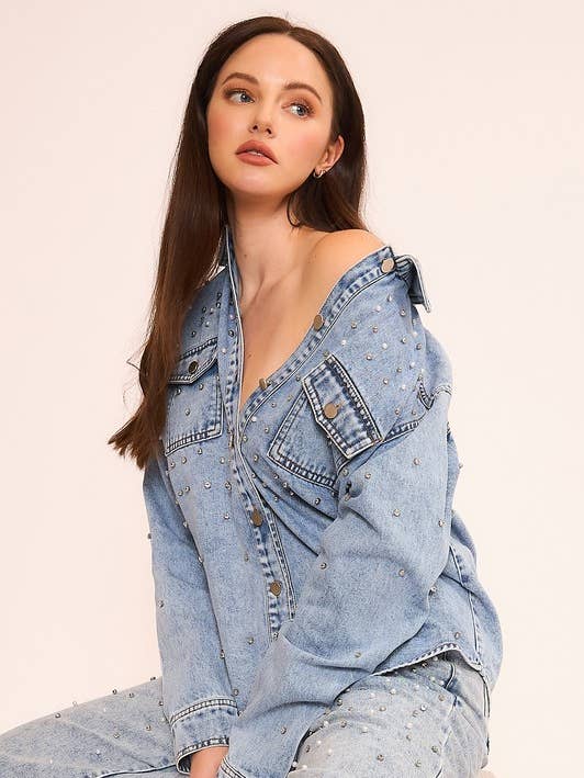 MEDIUM WASH RHINESTONE AND PEARL EMBELLISHED DENIM JACKET for wholesale on Faire1