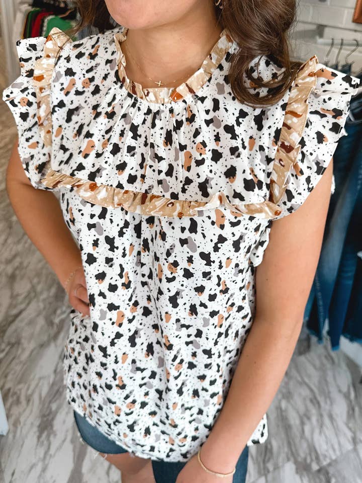 White Frilly Trim Leopard Animal Spots Blouse for wholesale on Faire
