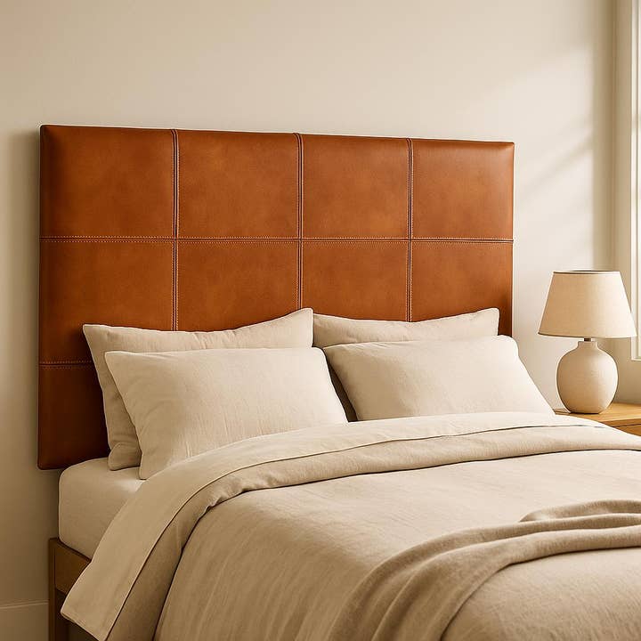 Modern Tan Brown Leather Upholstered Headboard for wholesale by Troussi