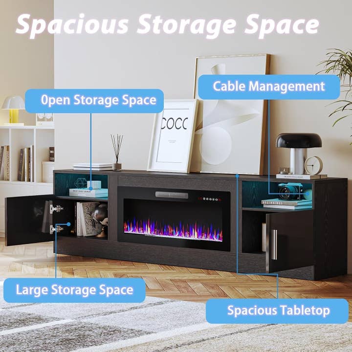80 Inch TV Stand Electric Fireplace With LED Lighting Black for wholesale on Faire3