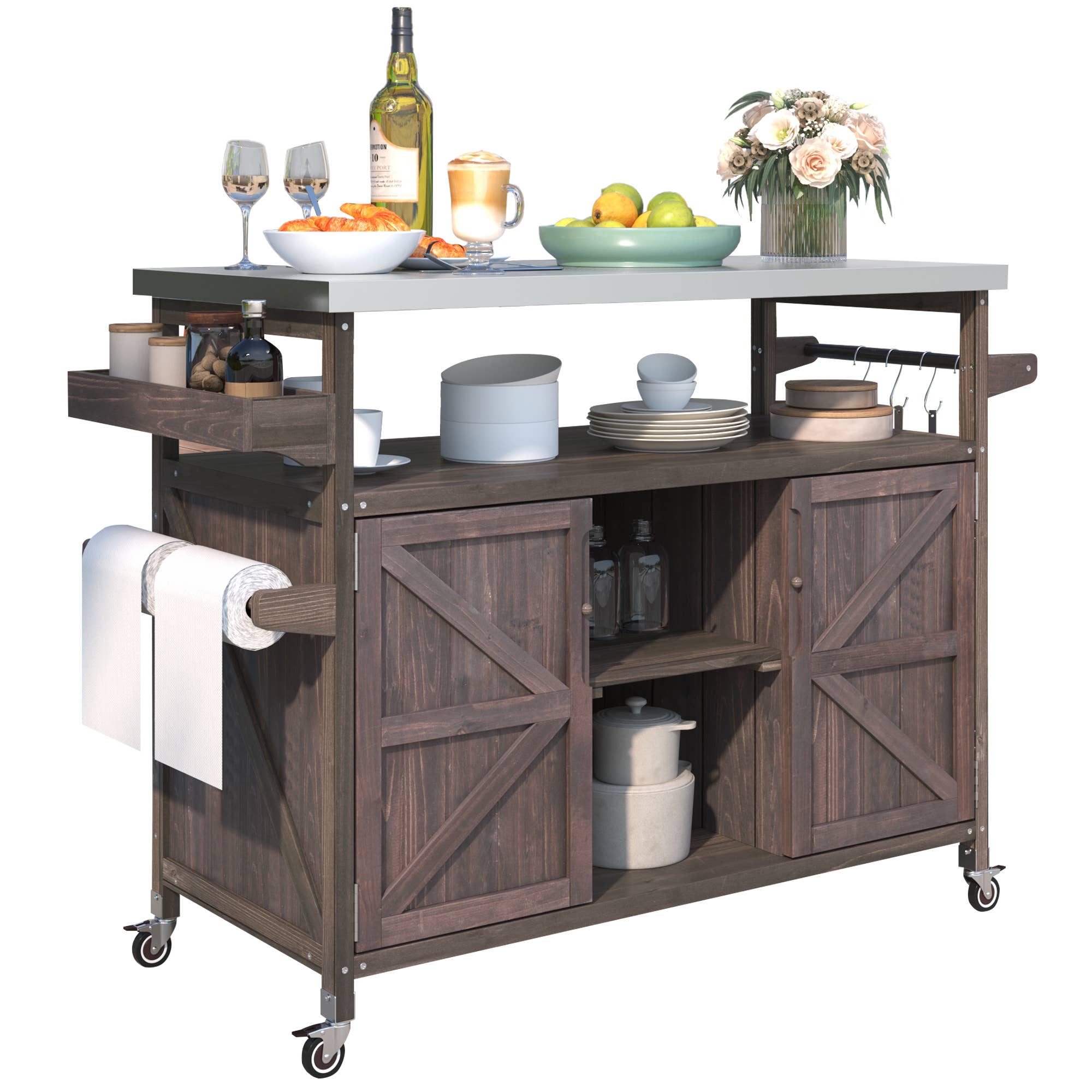 39F Inc. - Wholesale Outdoor Ornament/Decor - Outdoor Kitchen Island,Farmhouse Solid Wood Rolling Cart12