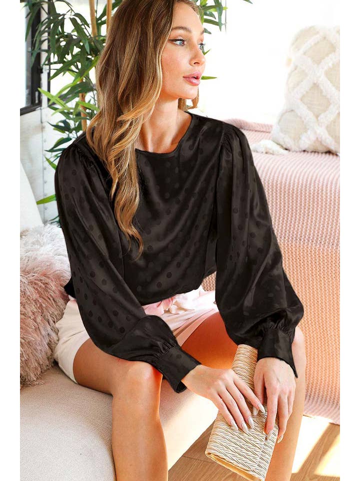 Vine & Love - Wholesale Blouse - Women's - Dot Print Long Puff Sleeve Jacquard Satin Blouse VT70191G-13