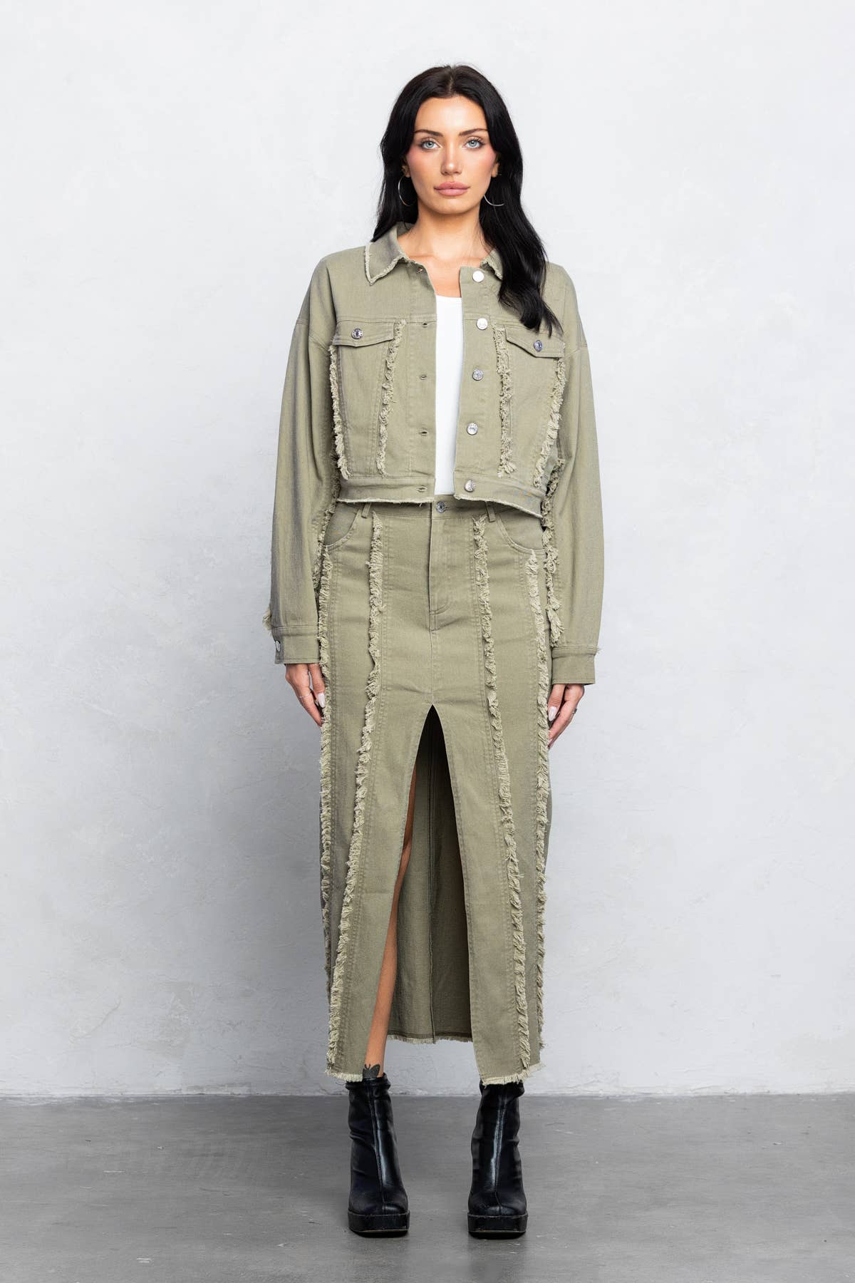 Olive Frayed midi skirt w/ center slit for wholesale on Faire1