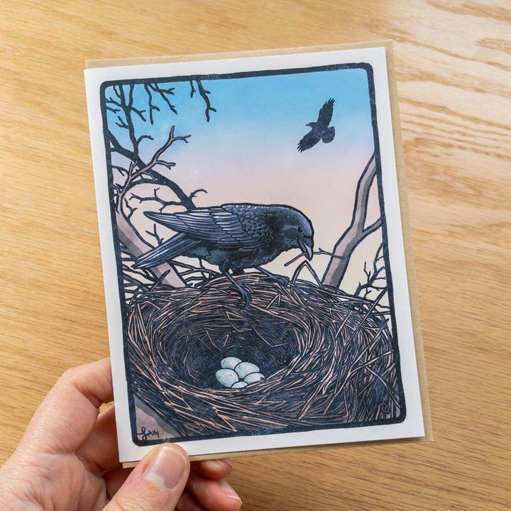 Raven at Nest Greeting Card 100% Recycled Paper for wholesale by Laurel Mundy Illustration