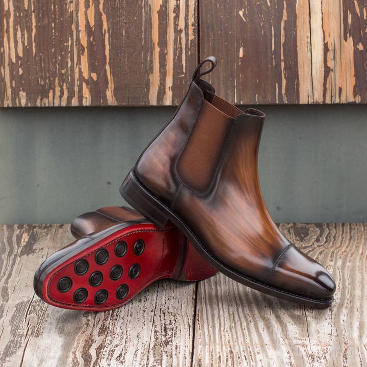 Monza Men's Hand-Painted Patina Chelsea Boot in Brown for wholesale by DapperFam