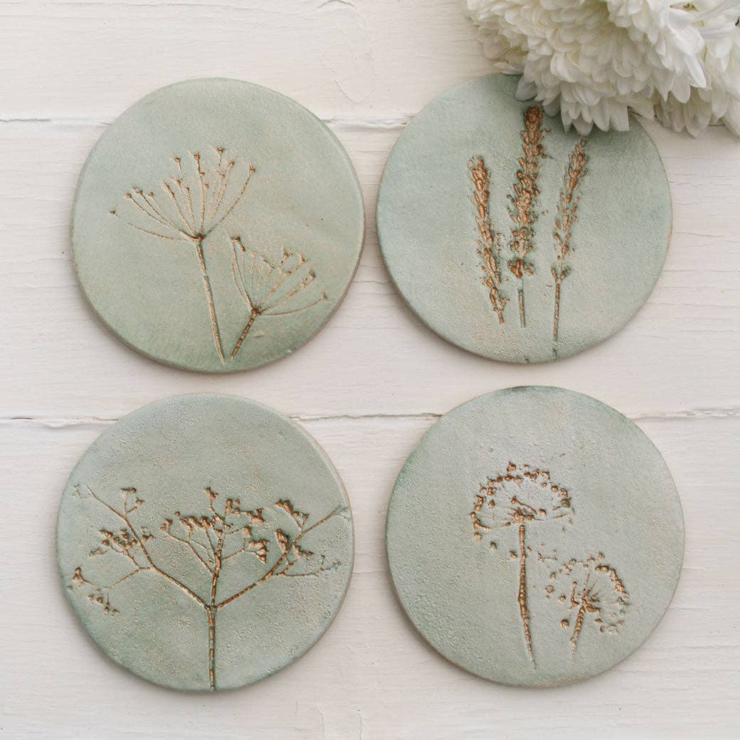 Juliet Reeves Designs - Wholesale Coasters - Green and Gold Wild Flower Coasters3