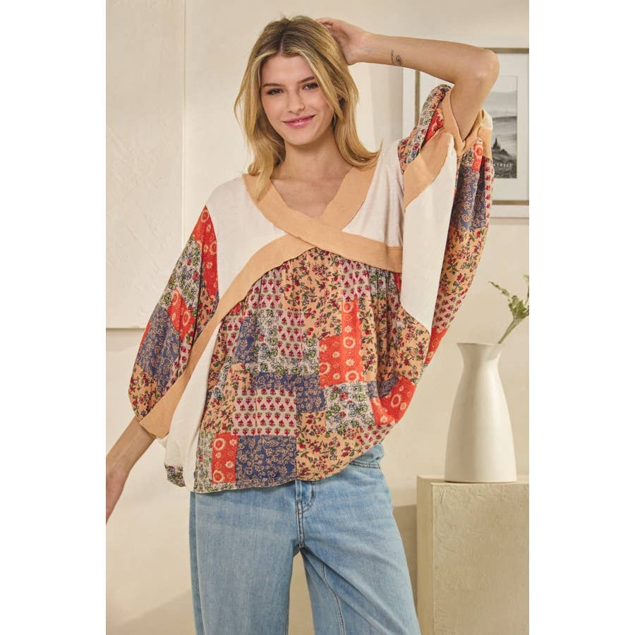 Oli&Hali - Wholesale Knit Top - Women's - WASHED RIB CROSSED PATCHWORK TOP1