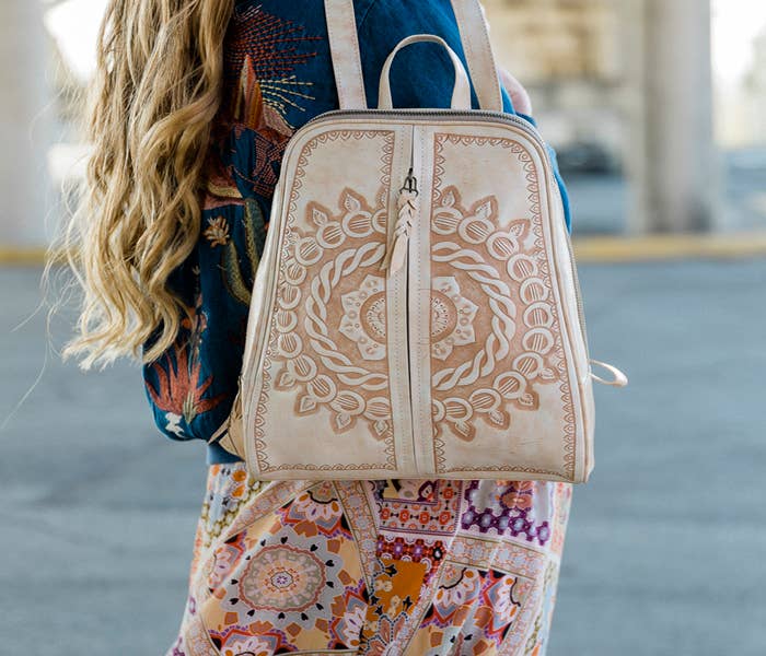 Genuine Tooled Leather Brown Backpack Crossbody... - Depop