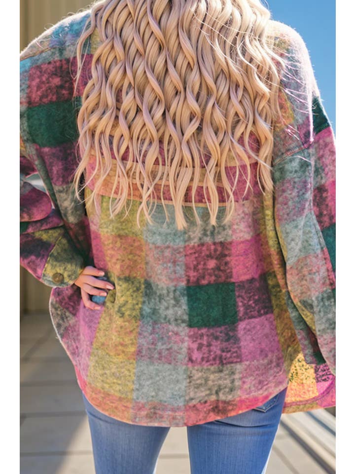 Multi Colored Multicolor Brushed Plaid Pocketed Oversize Shacket (S-L) for wholesale on Faire