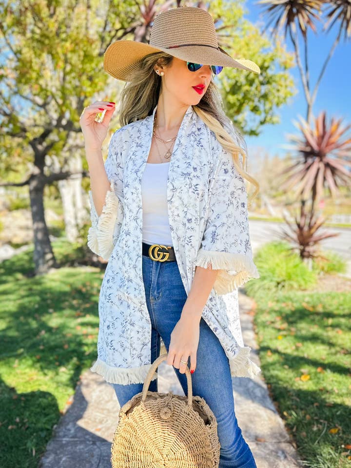 Ivory Boho Floral Printed Kimono with Fringe Trim for wholesale on Faire2