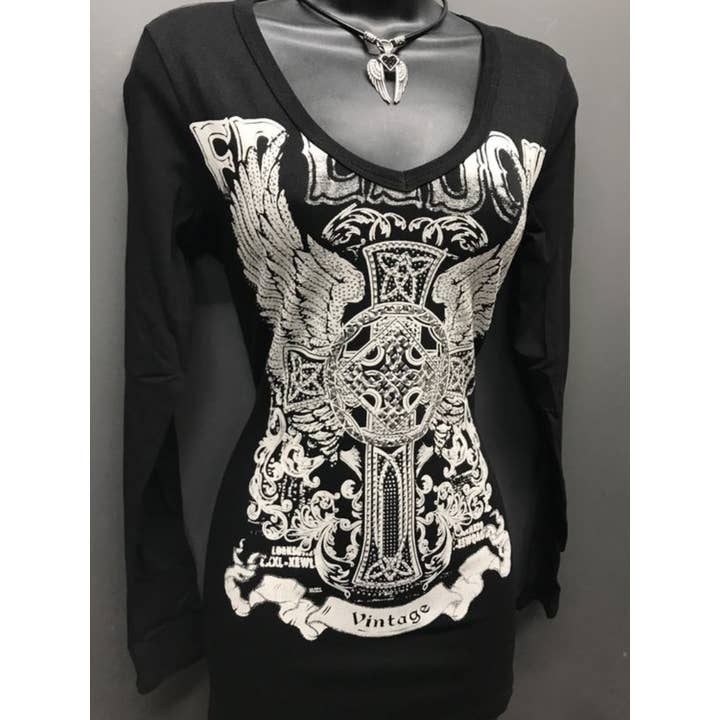 T-shirt punk à manches longues et col en V imprimé vintage avec ailes croisées pour femmes pour la vente par Tourtiwi