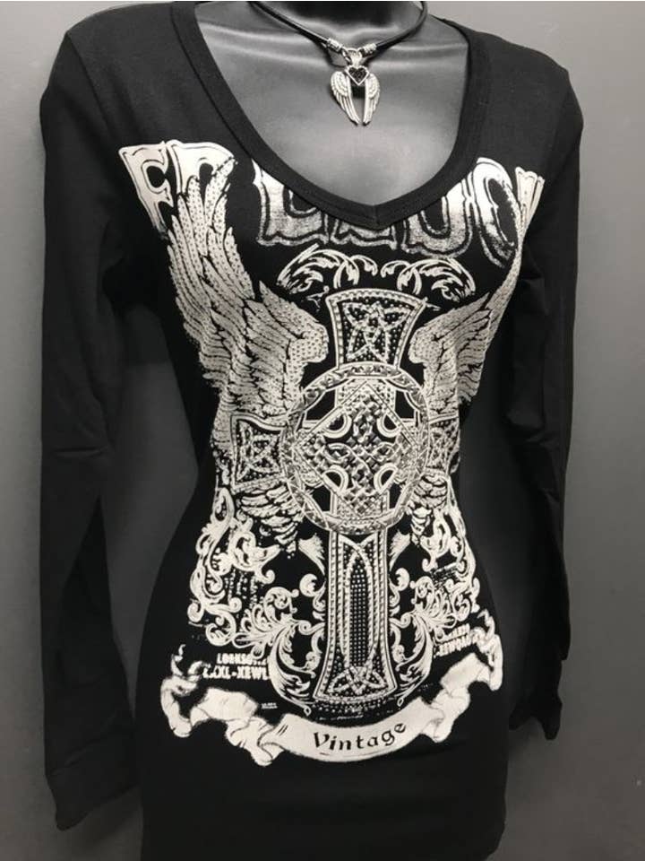 Negro Camiseta vintage de manga larga con cuello en V y estampado de alas cruzadas para mujer, talla grande de venta al por mayor en Faire0