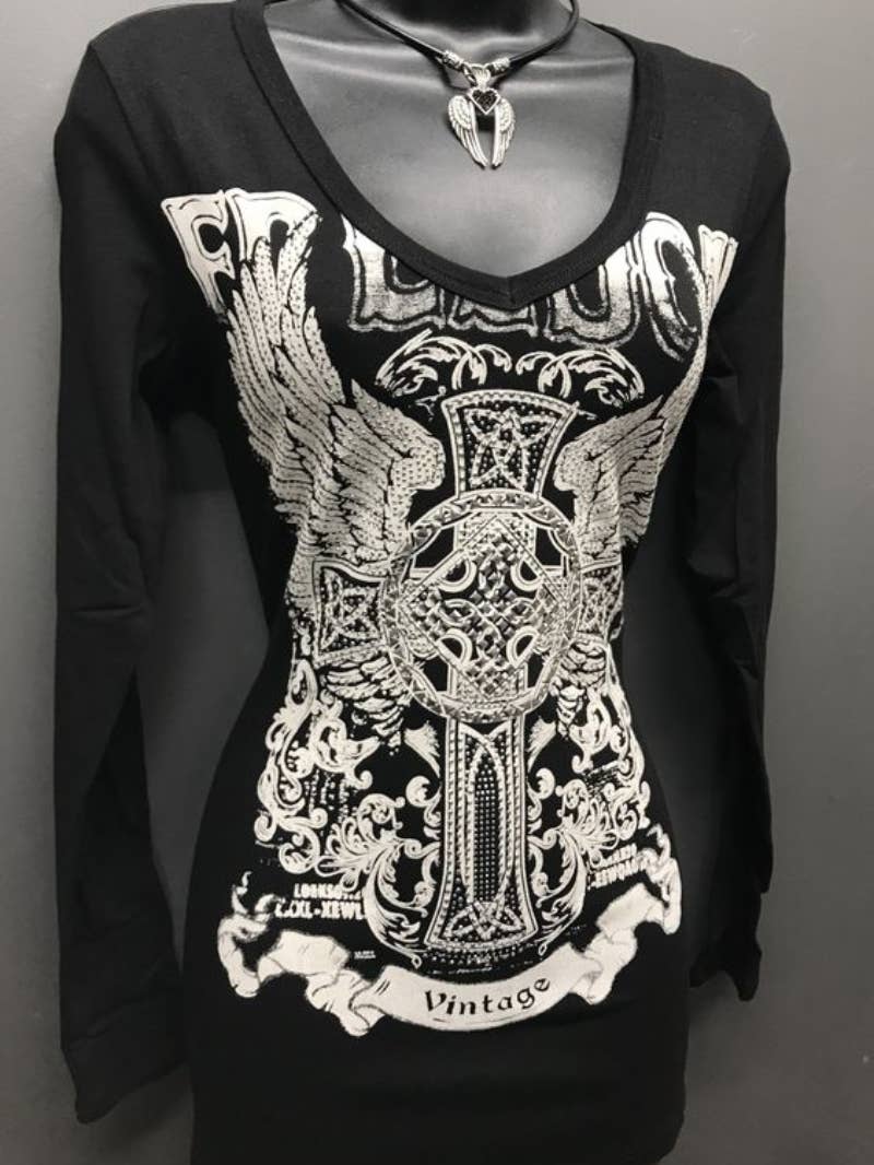 Black Vintage Cross Wings Printed V-neck Long Sleeve Women's Punk Plus Size T-shirt for wholesale on Faire