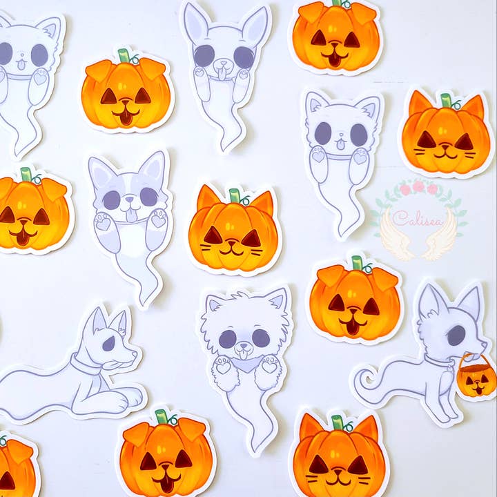 Trick-or-Treat Ghost Dog Halloween Spooky Vinyl Sticker voor wholesale door Calisea.co