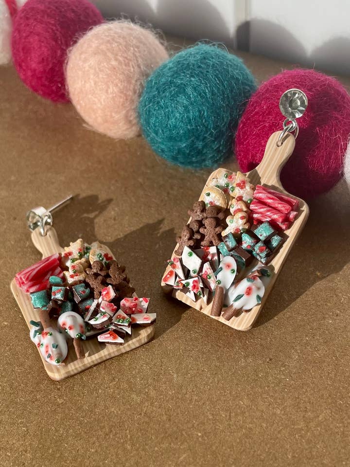 Christmas sweets charcuterie board earrings for wholesale by She makes clay