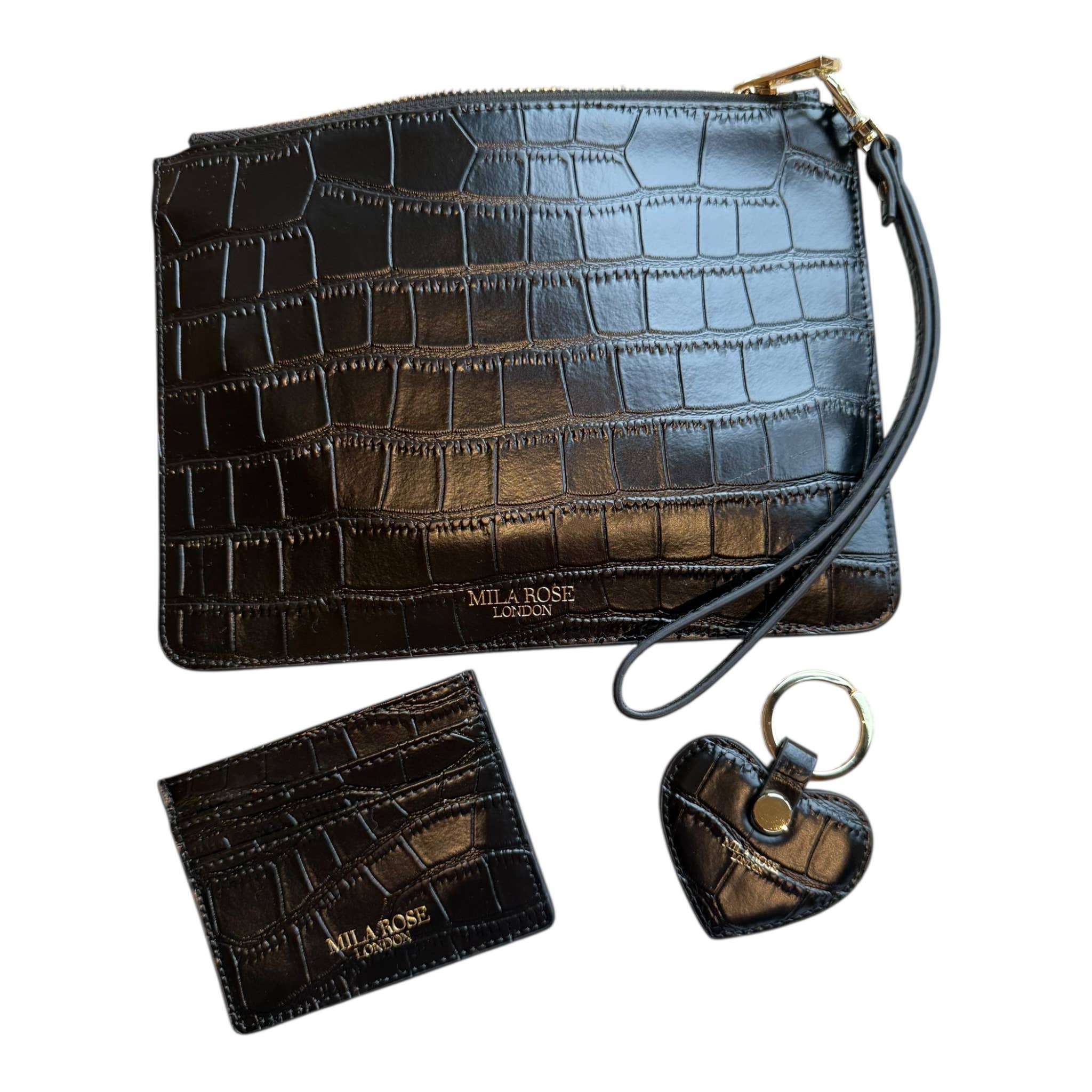 Mila Rose London - Vente Pochette – femme - Pochette en cuir noir imprimé crocodile Cadeau de Noël15
