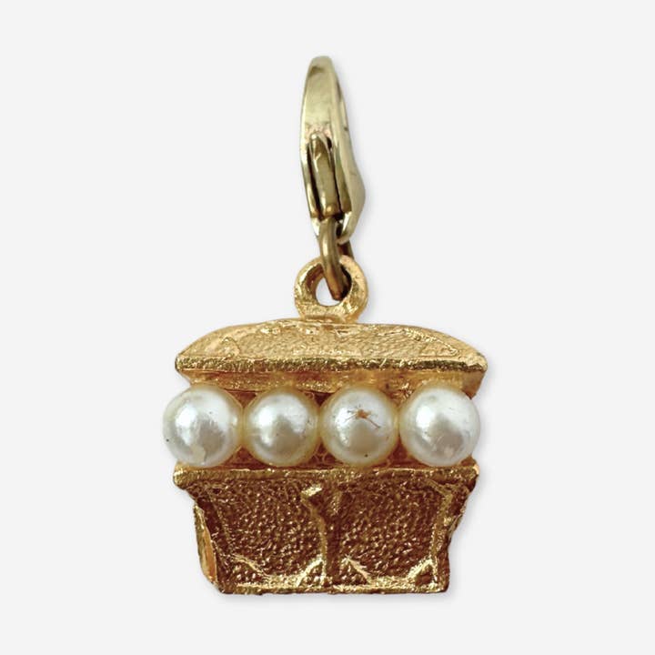 Vintage gold treasure chest charm with pearl accents for wholesale by Lulu’s Petals