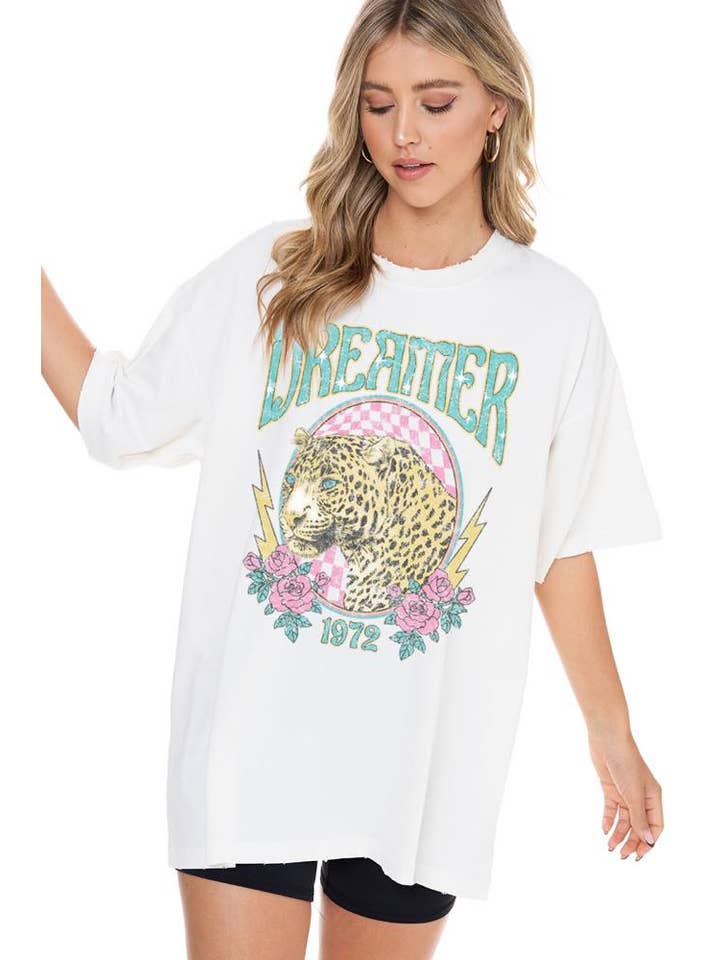 Zutter - Wholesale Screen Printed T-Shirt - Women's - Dreamer 1972 Leopard Vitage Graphic Oversized Tee