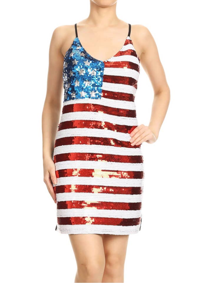 Spaghetti Strap Patriotic Sequin Dress for wholesale by Anna Kaci Wholesale