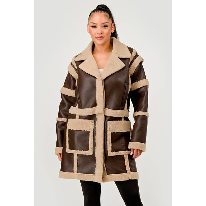 Brown Faux Leather Shearling Trim Coat for wholesale by DORCAS