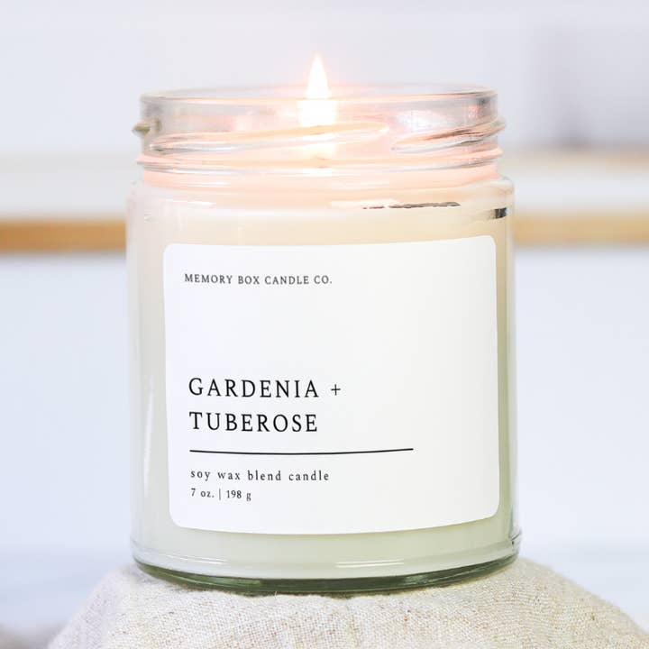 Gardenia + Tuberose - 7 oz. Clear Glass Soy Candle for wholesale by Memory Box Candle Co.