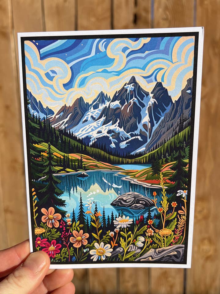 Alpine Mountain Lake Greeting Card - Wildflower Scenic Blank for wholesale by Leafy Greeting Cards