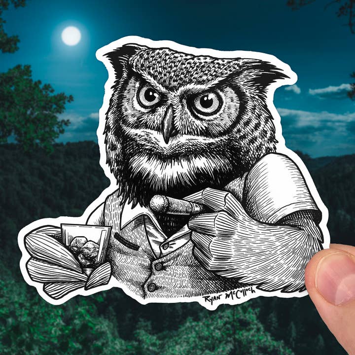 Ryan McCulloch Art - Wholesale Sticker - VINYL STICKER: Night Cap Owl (Stoic Americana)Â (4-inch)