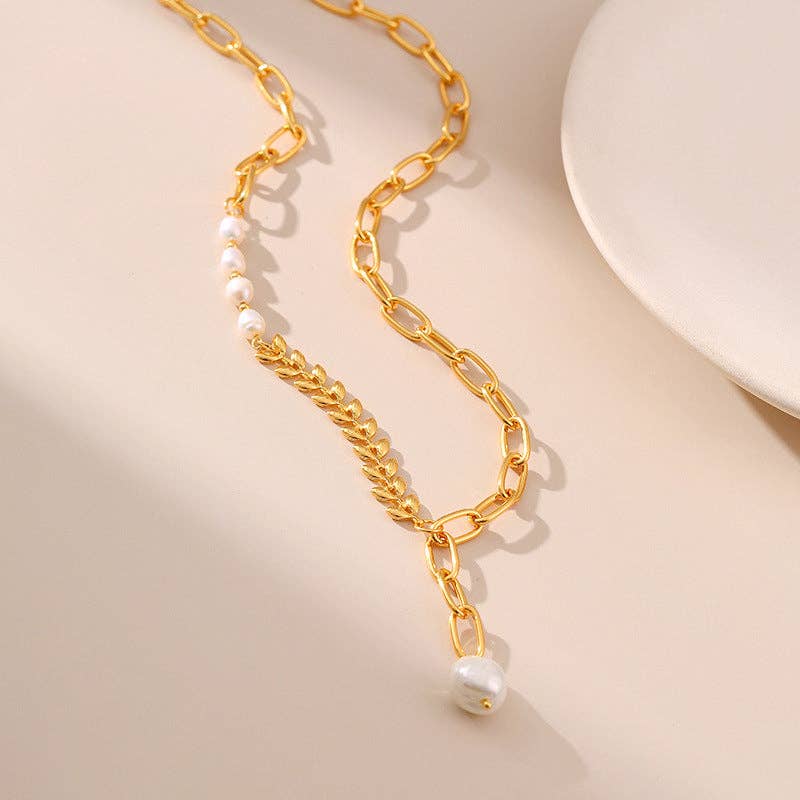 Gold Pearl Wheat Bead Chain Splicing Necklace KN0151 for wholesale on Faire0