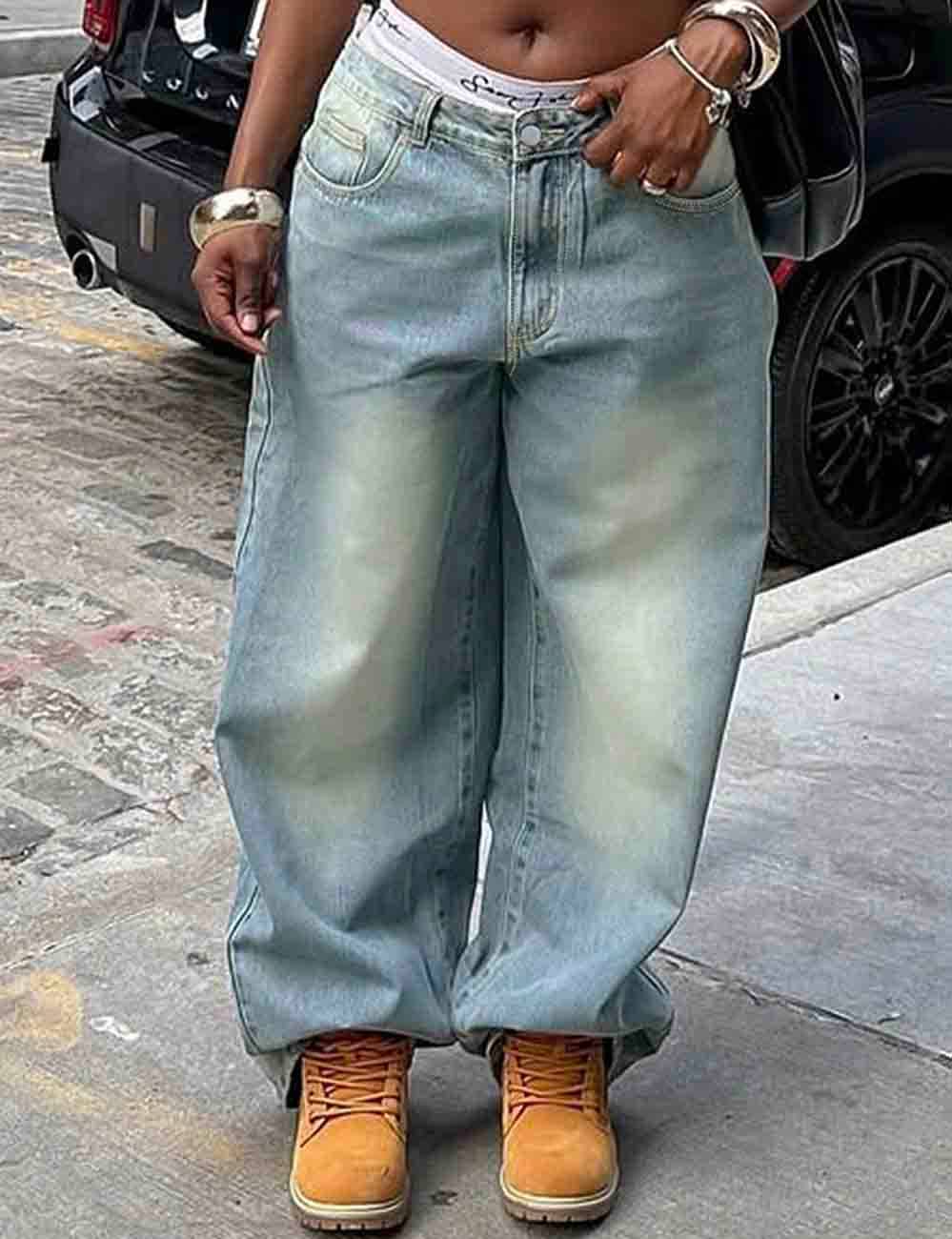 Ljusblå Baggy jeans med fickor och vida ben för dam för wholesale på Faire2