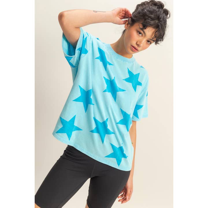 HYFVE - Wholesale Shirt - Women's - DZ25E235-Washed Star Pattern Short Sleeve Tee