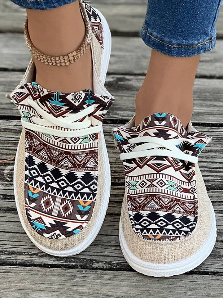 Parchment Brown Vintage Aztec Patchwork Lace-up Decor Flat Shoes for wholesale on Faire