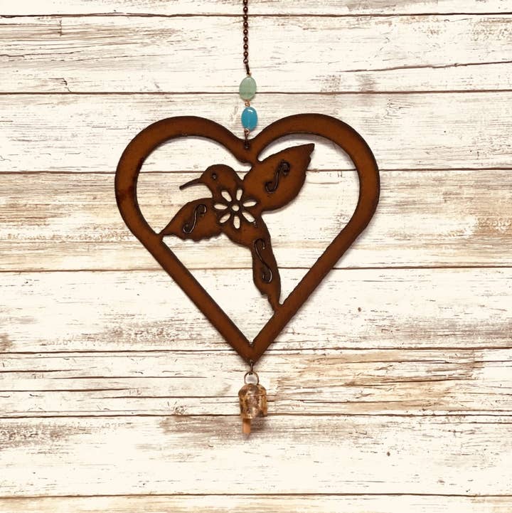 Universal Ironworks USA - Wholesale Wind Chime - Heart Outline with Hummingbird 9 Inch Bell Garden Chime Bell0