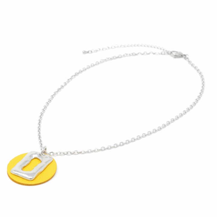 Short Necklace With Medium Ring & Leather Circle Yellow for wholesale by Sobo & Co Jewellery